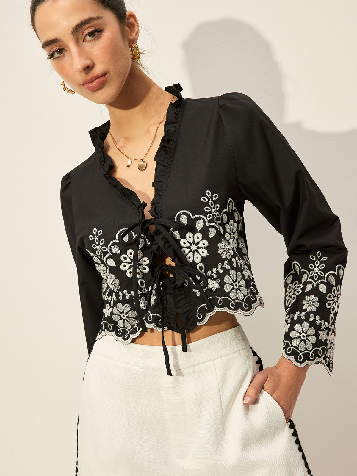 Embroidered Tie-Front Top-Chicvia