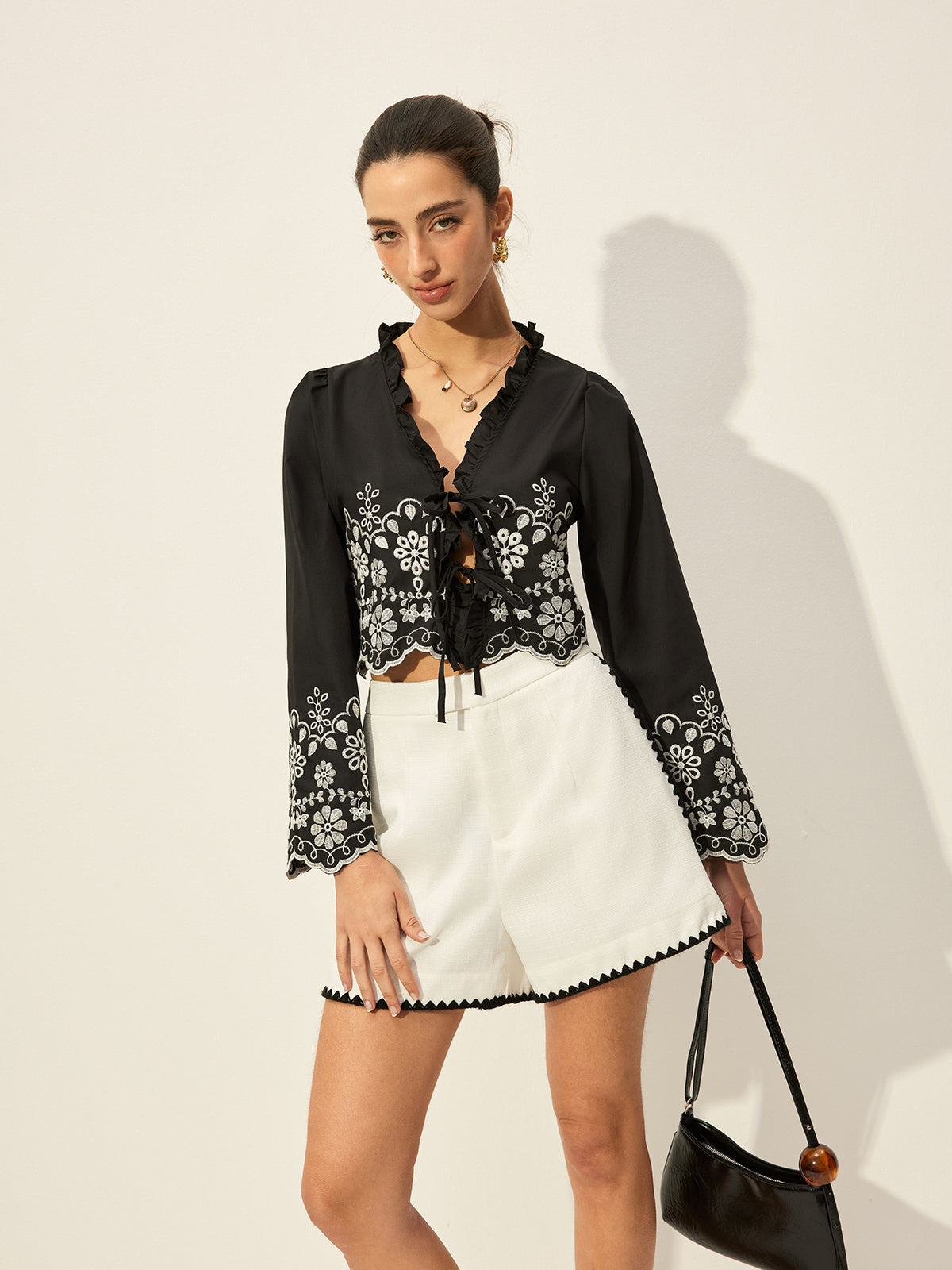 Embroidered Tie-Front Top-Chicvia