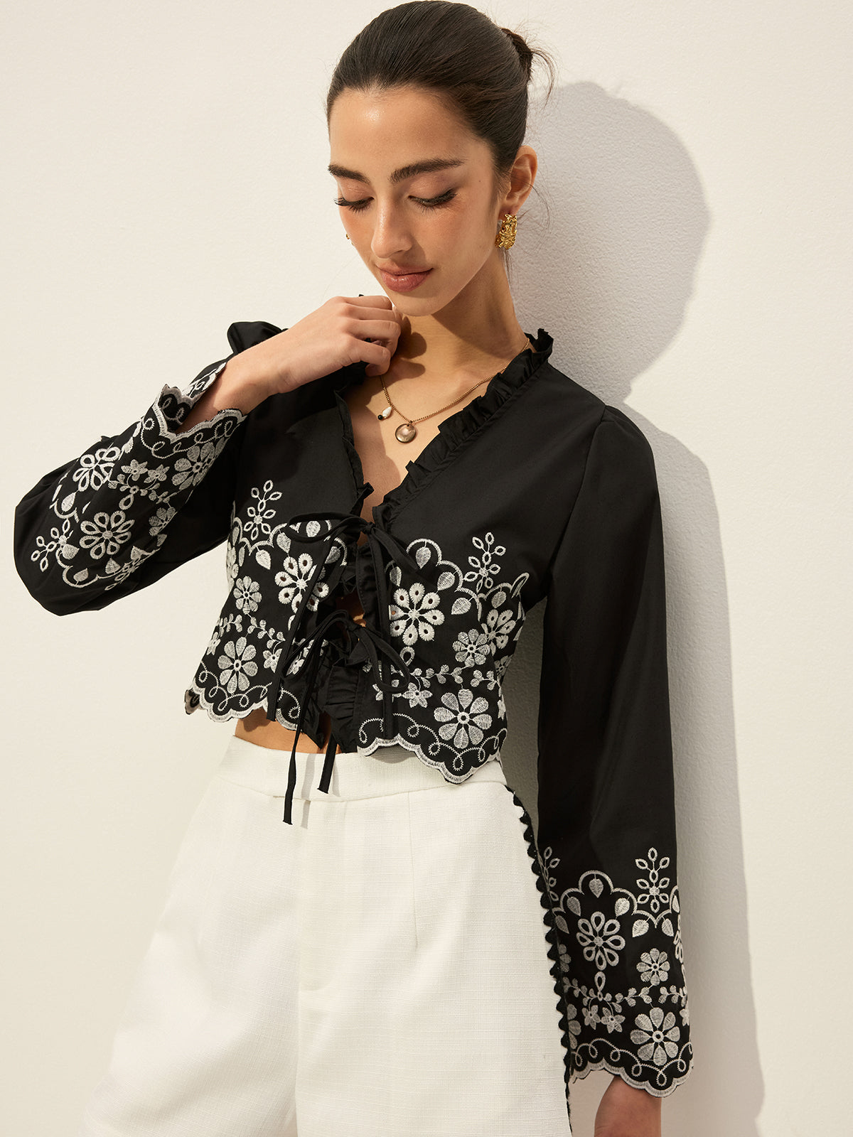 Embroidered Tie-Front Top-Chicvia