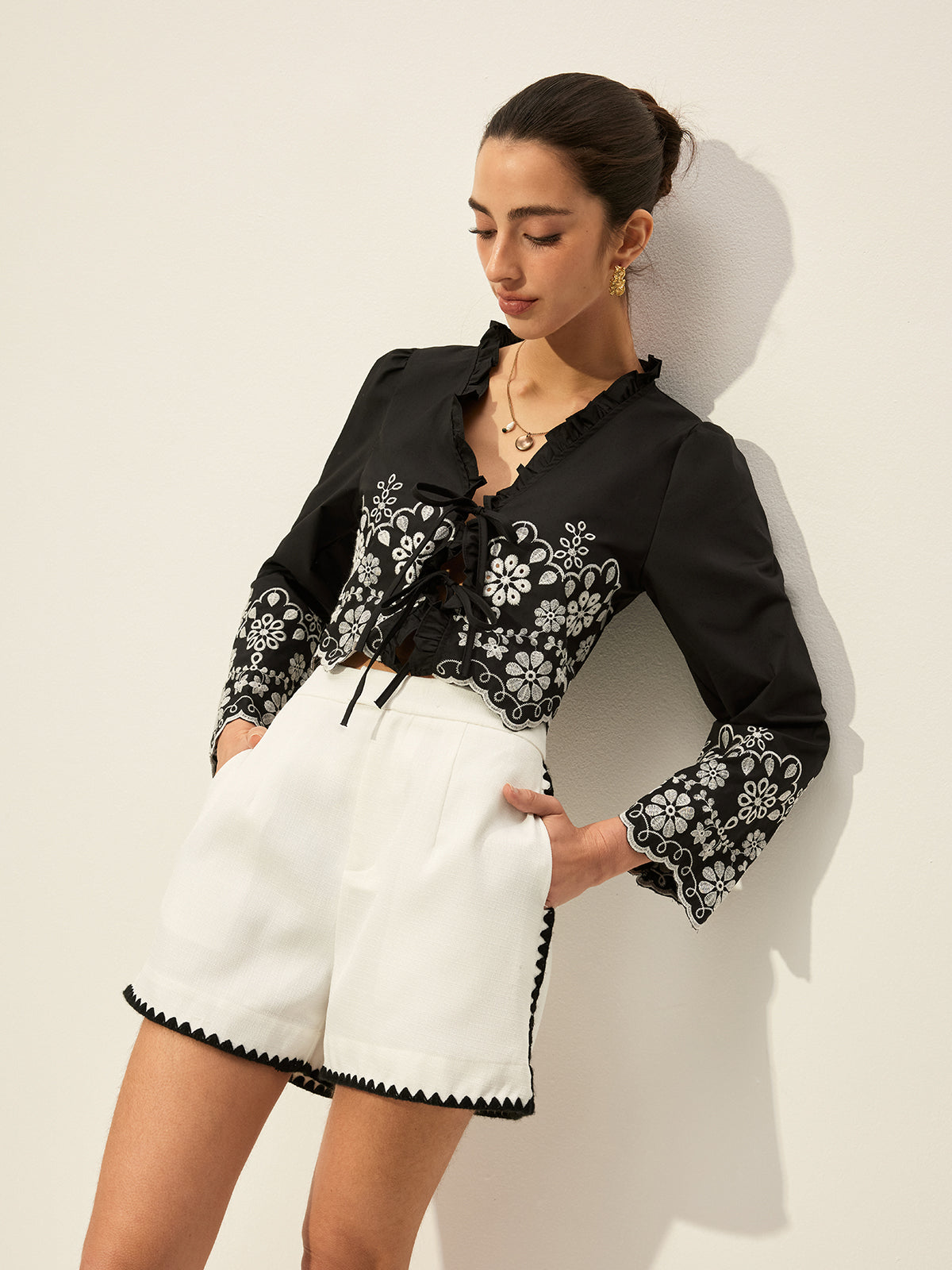 Embroidered Tie-Front Top-Chicvia