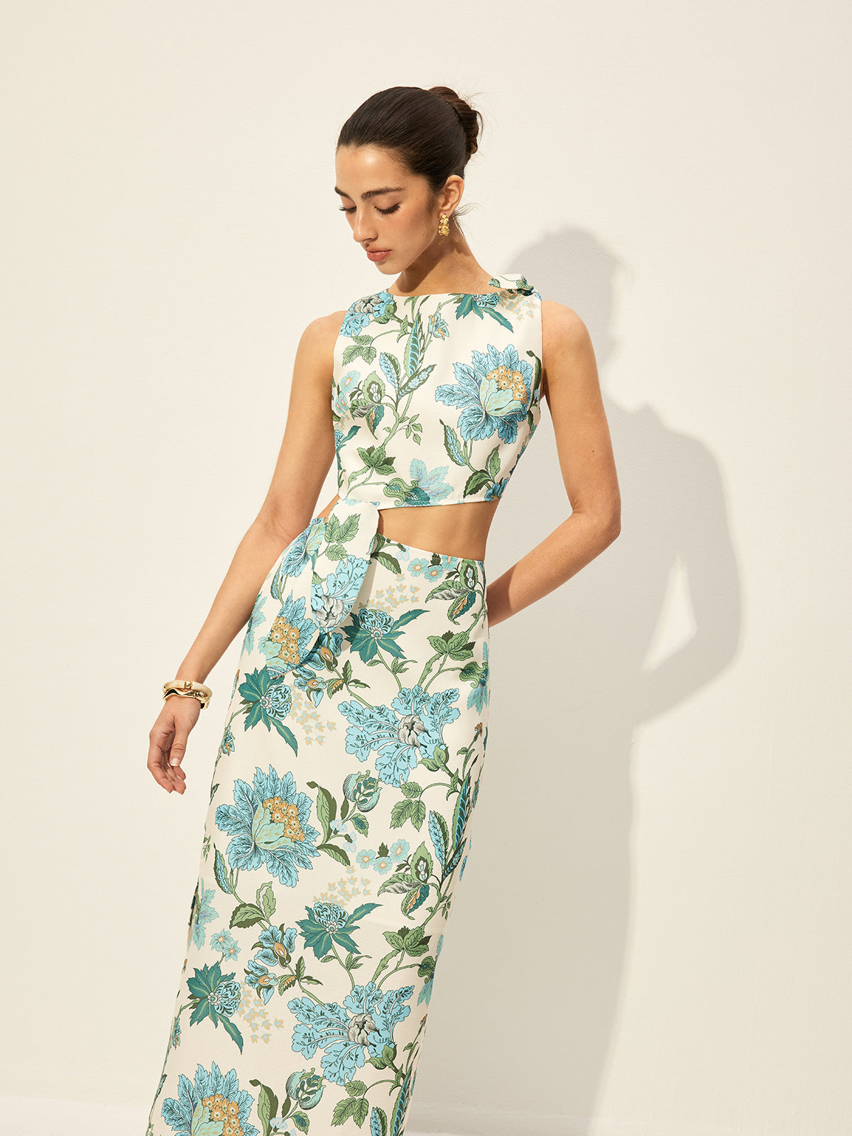 Floral Print Cut-Out Dress-Chicvia