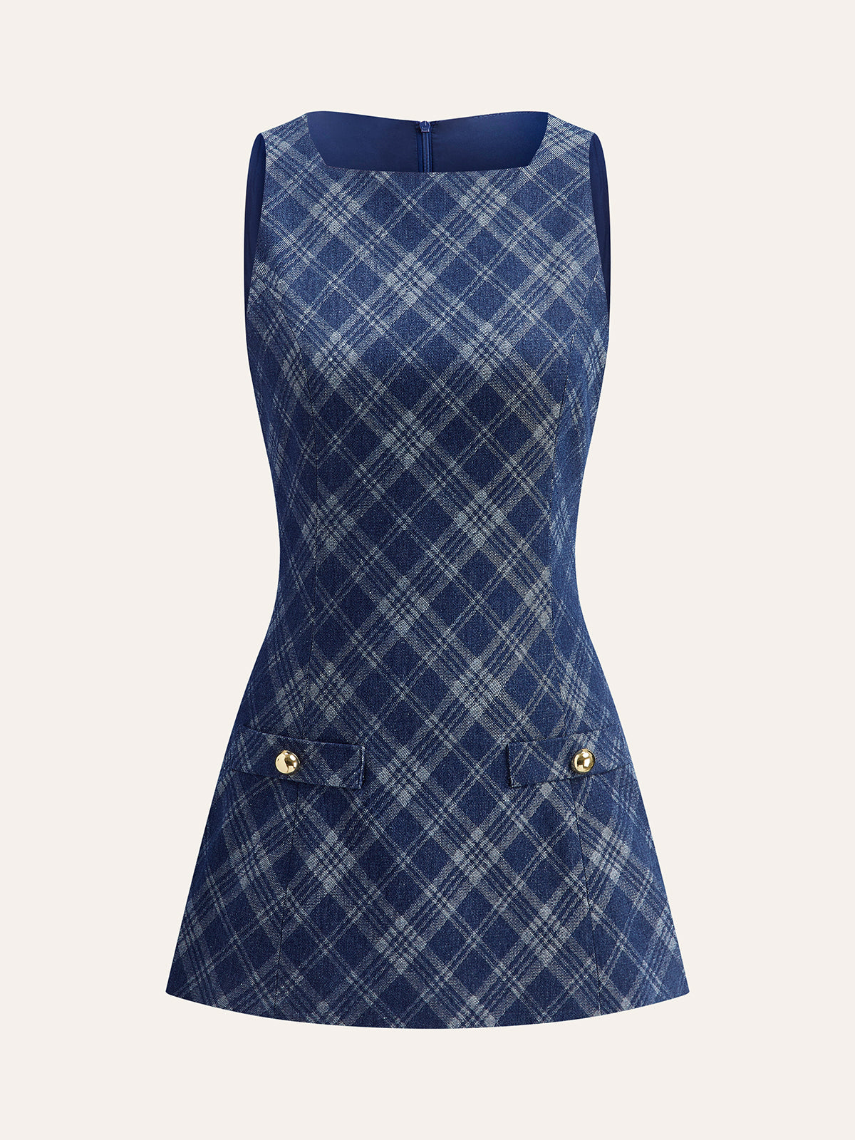 Metal Button Crew-Neck Decor-Pockets Denim Dress-Chicvia