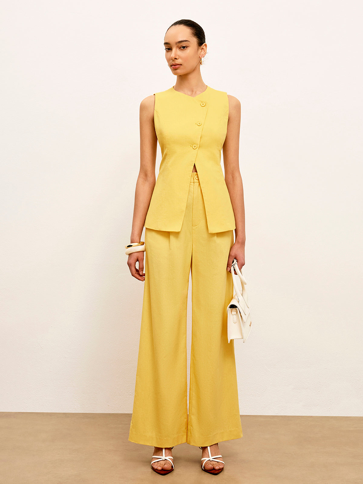 Linen & Cotton Mid-Waist Dress Pants-Chicvia