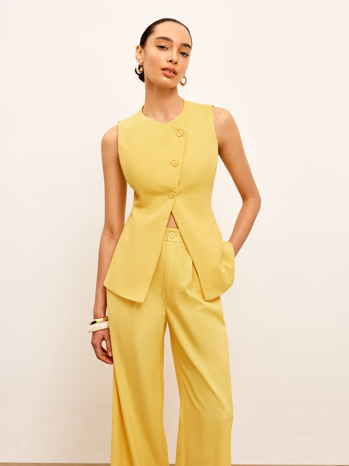 Linen & Cotton Mid-Waist Dress Pants-Chicvia