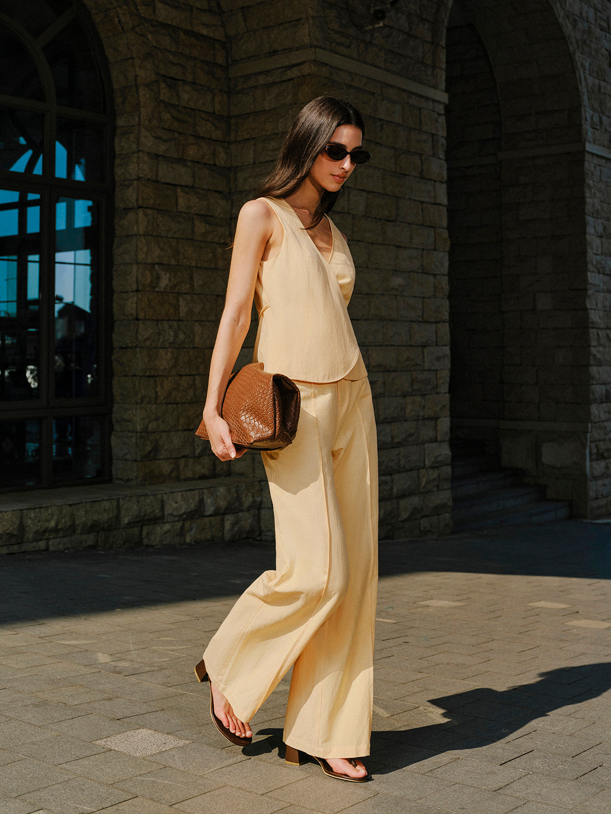 Cotton & Linen Wrap Top With Pants Set-Chicvia