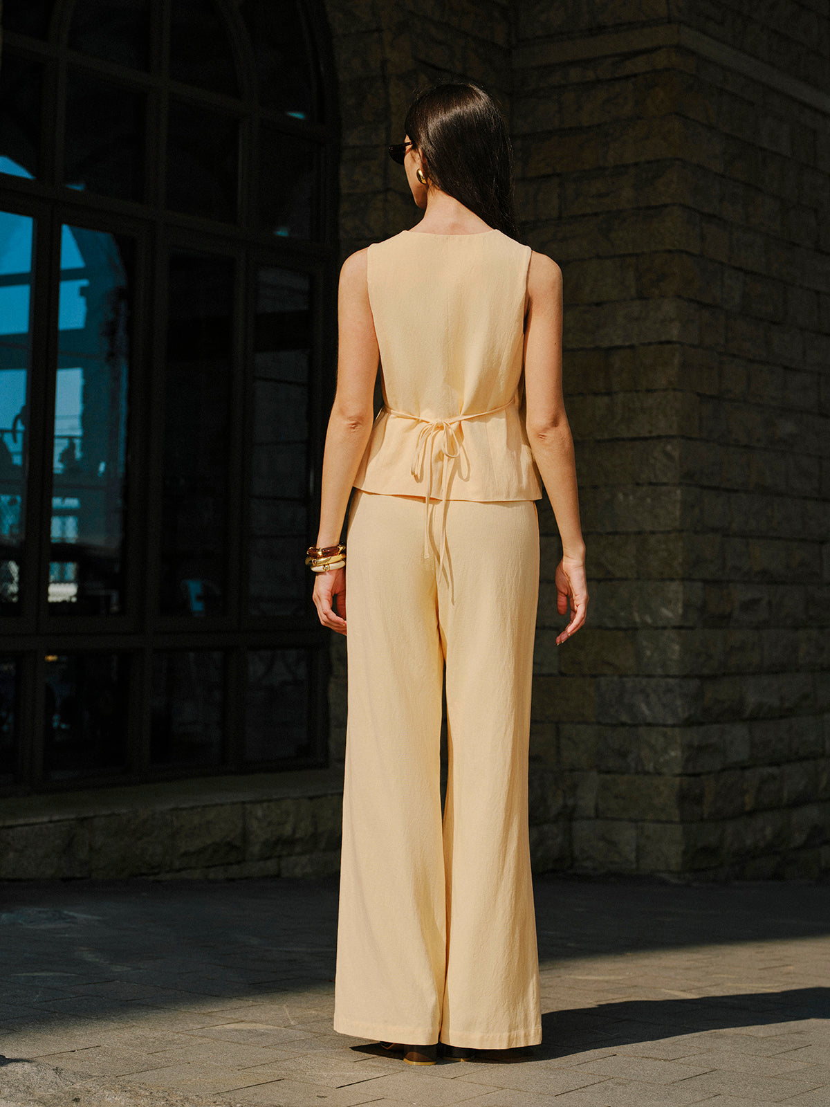 Cotton & Linen Wrap Top With Pants Set-Chicvia