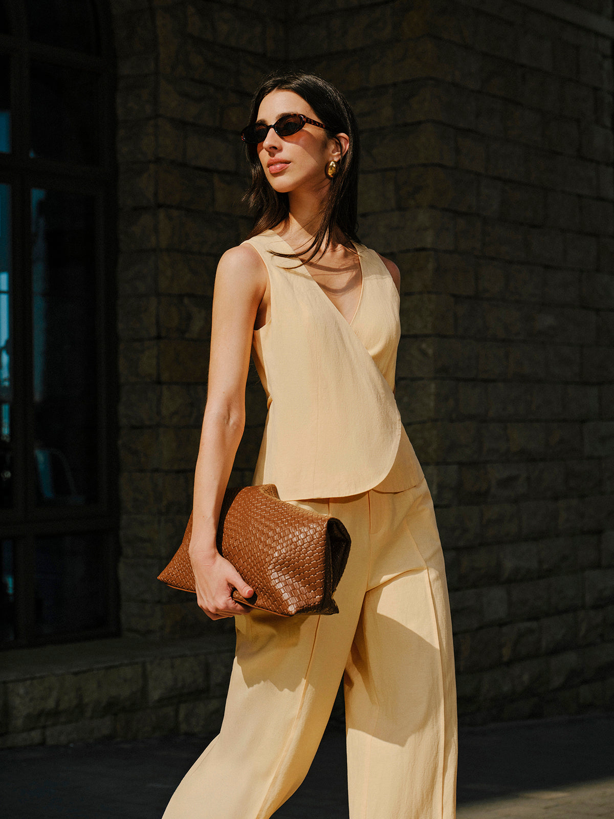 Cotton & Linen Wrap Top With Pants Set-Chicvia