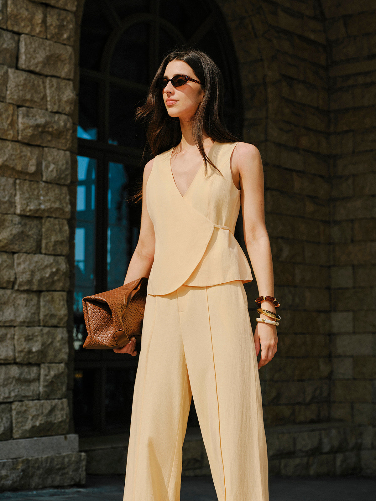 Cotton & Linen Wrap Top With Pants Set-Chicvia