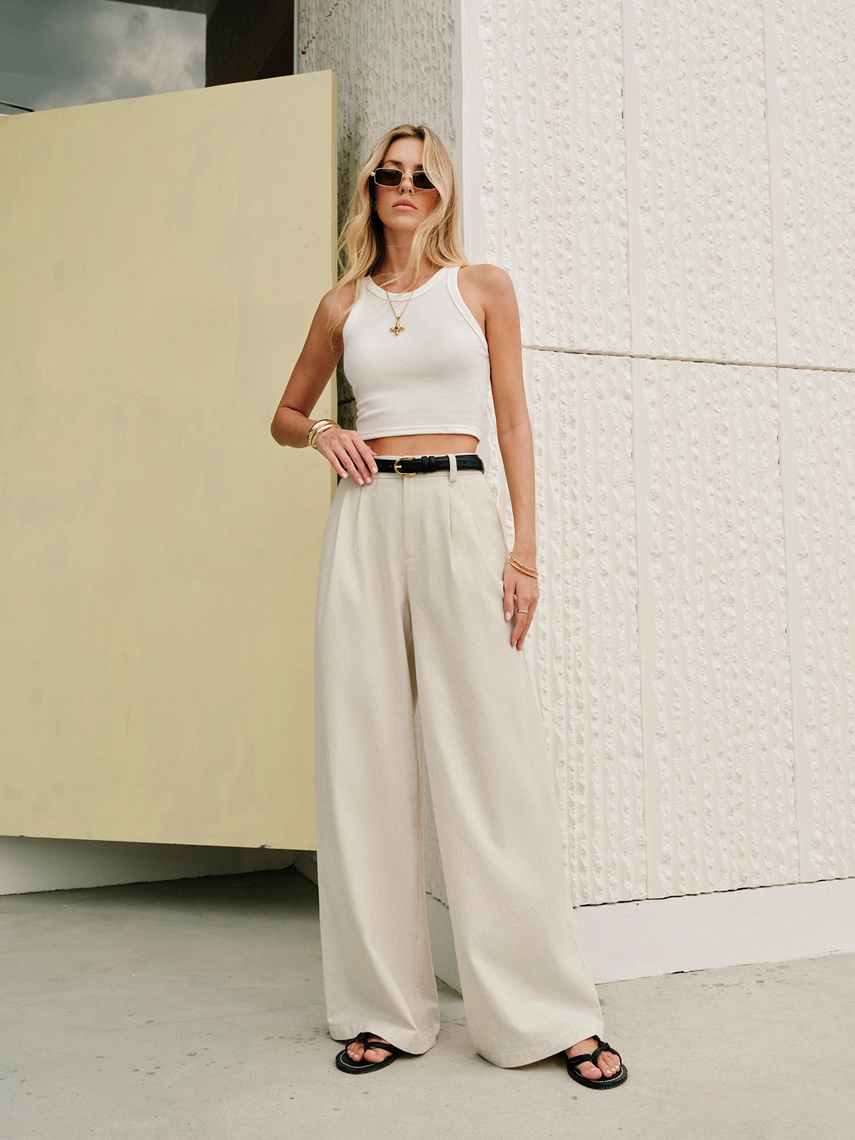 Cotton & Linen Mid-Waist Pants-Chicvia