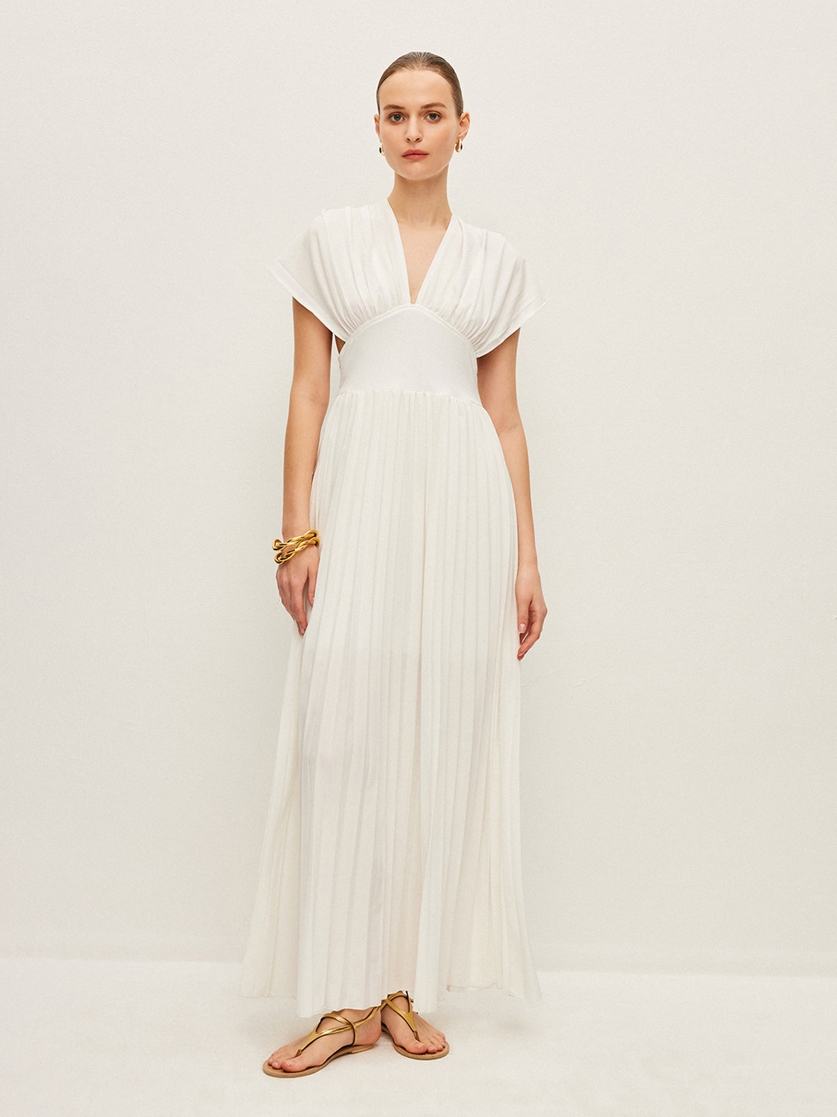 Pleated Cap-Sleeve Dress-Chicvia