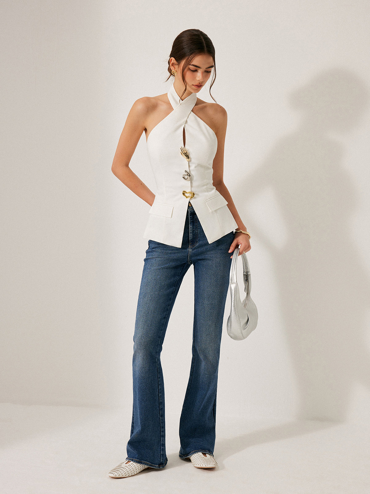 Cotton & Linen Cross-Back Halter Top With Decor Pockets-Chicvia