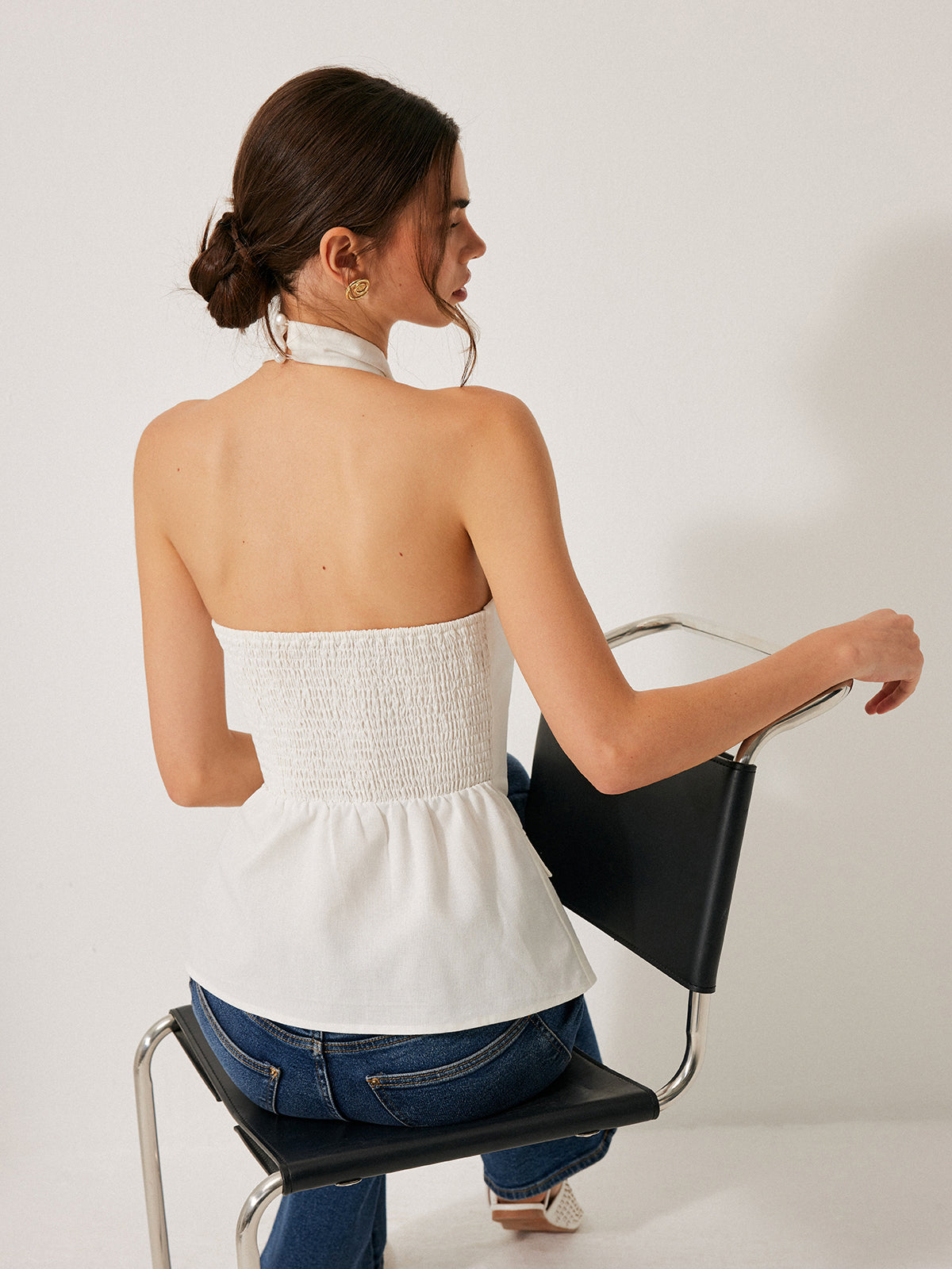 Cotton & Linen Cross-Back Halter Top With Decor Pockets-Chicvia