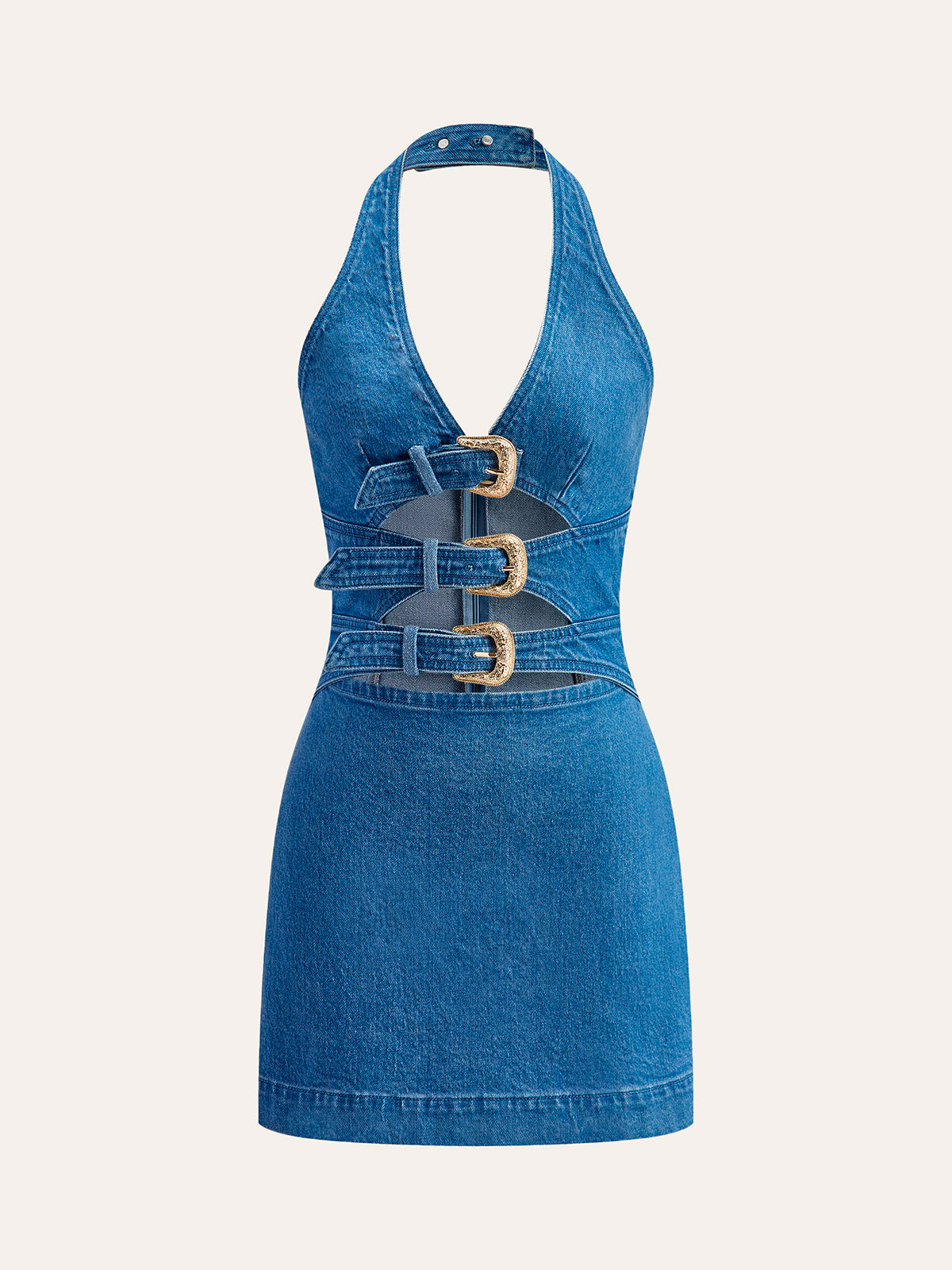 Halter Neck Buckle Detail Denim Dress-Chicvia