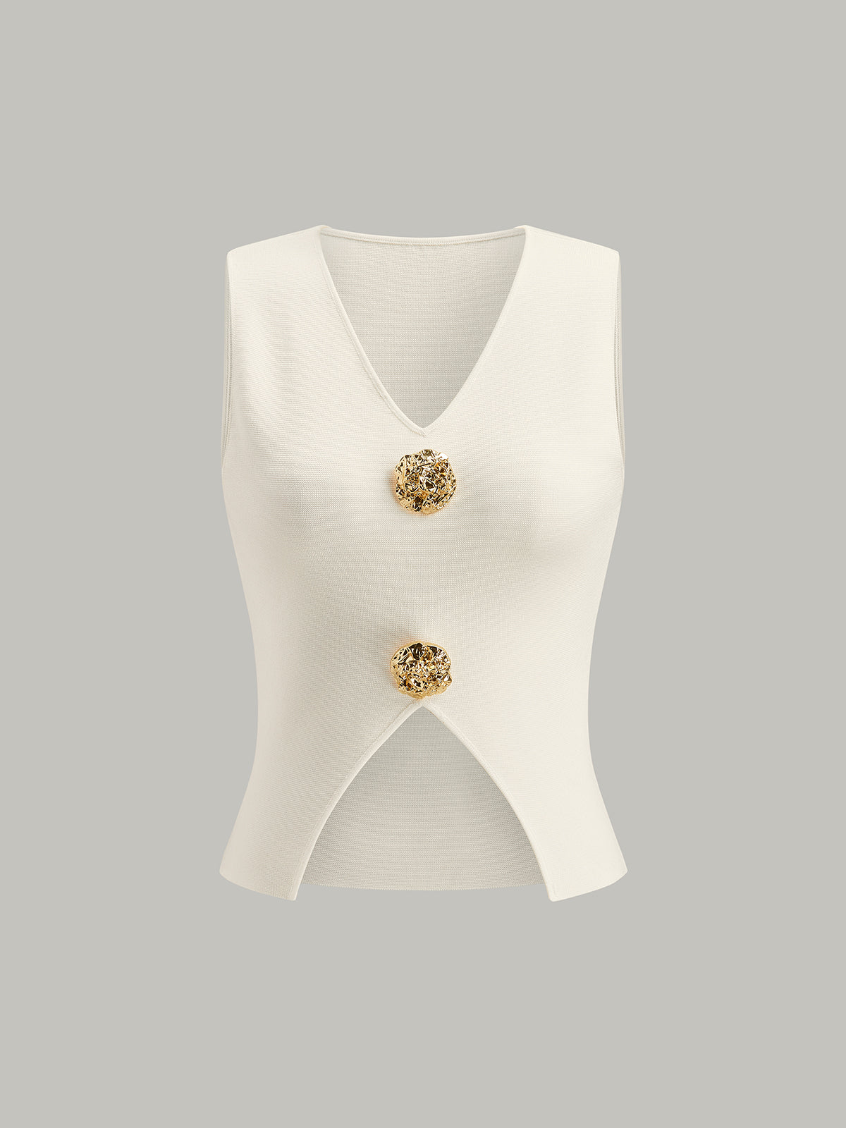 Metal Detail V-Neck Spilt Sweater Vest-Chicvia