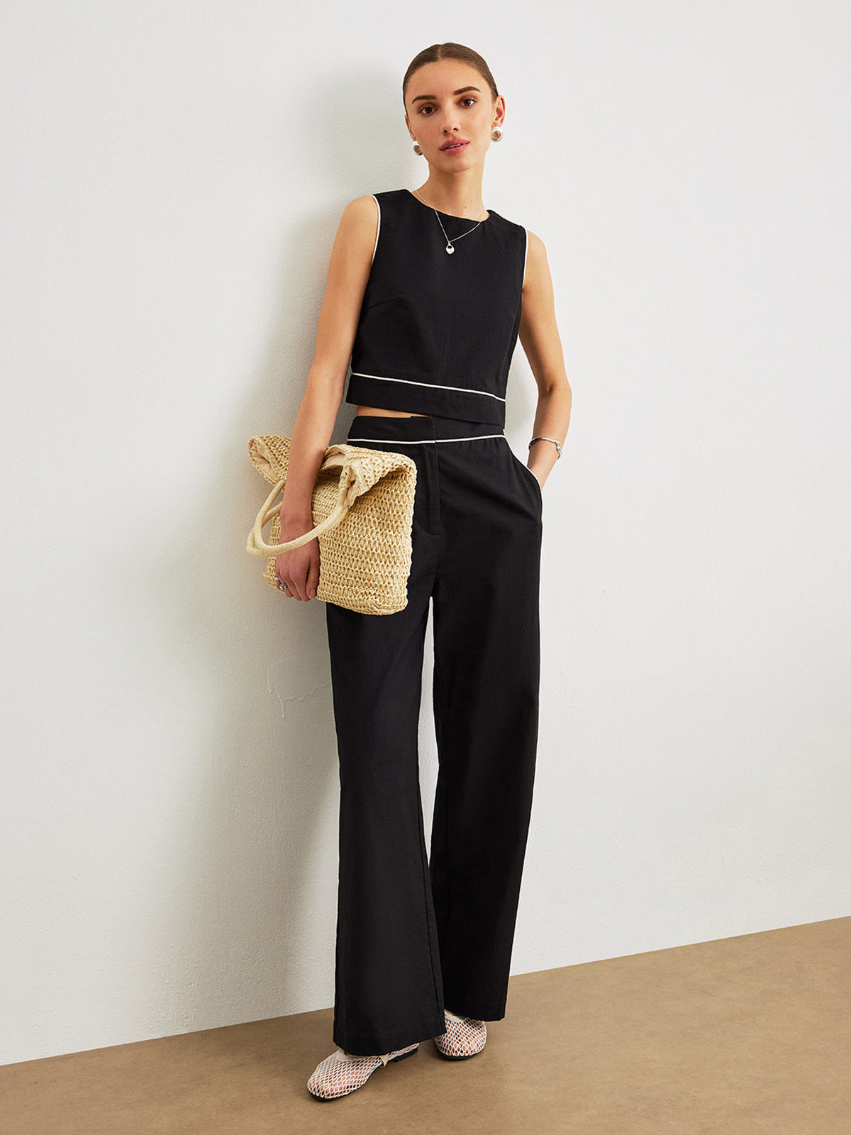 Cotton & Linen Pants Set With Pockets-Chicvia