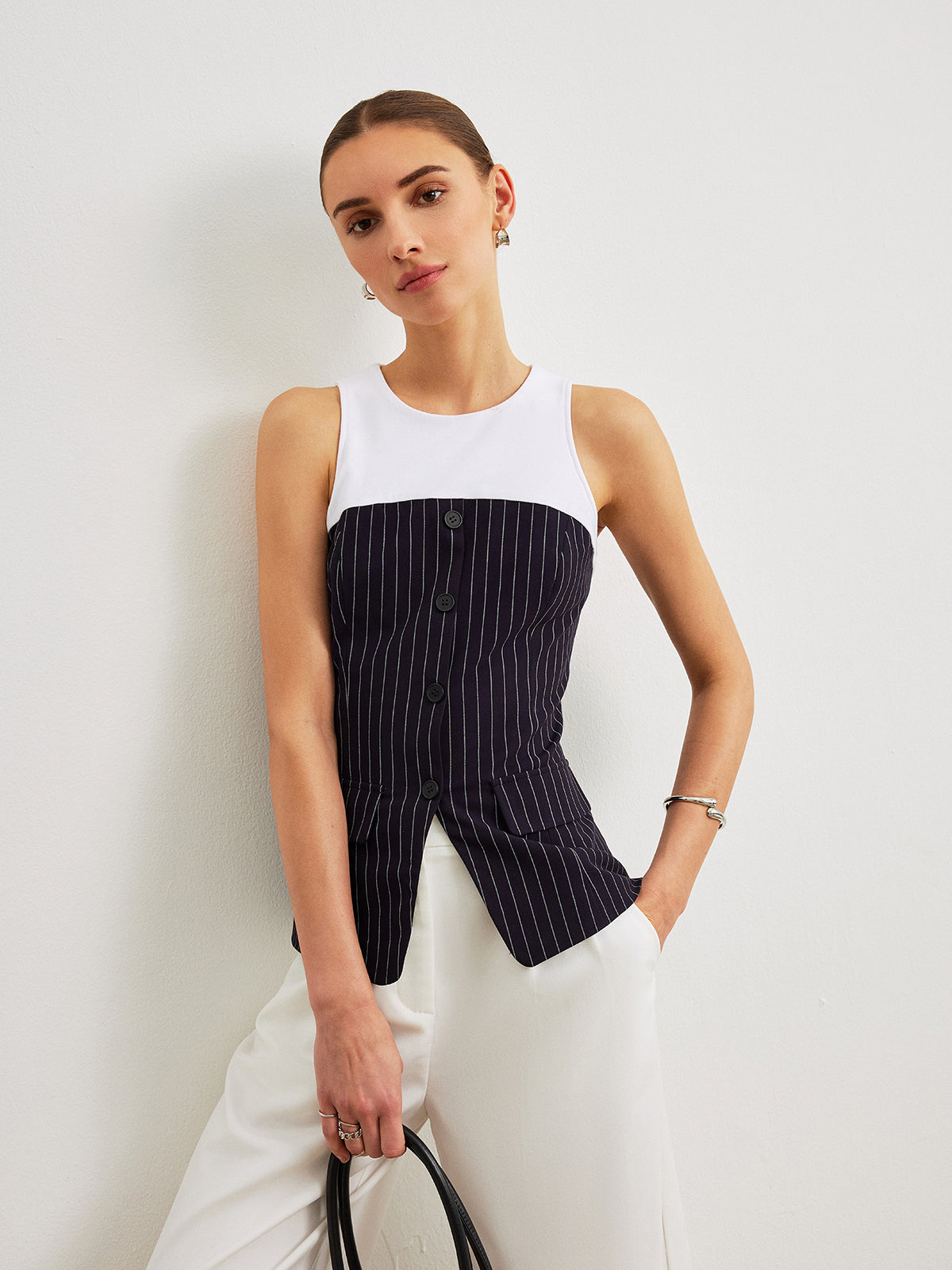 Pinstripe Button Detail Top With Decor Pockets-Chicvia