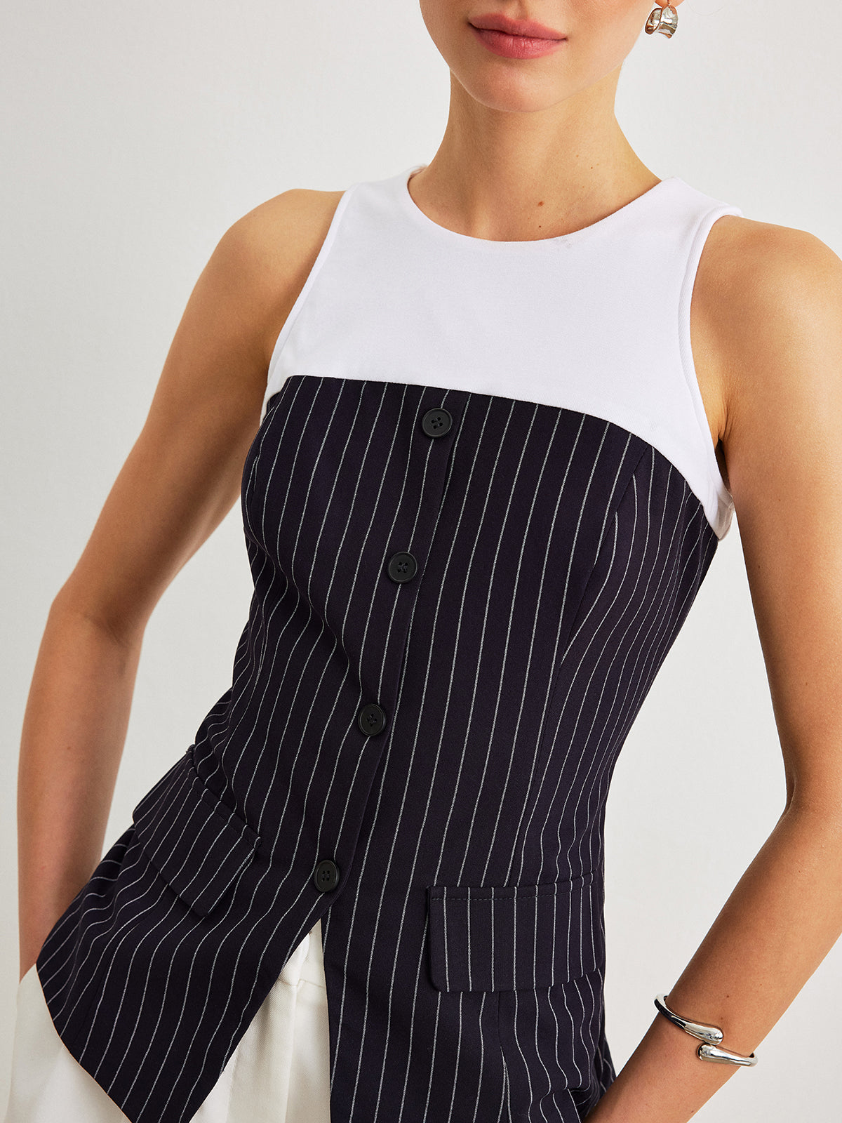 Pinstripe Button Detail Top With Decor Pockets-Chicvia