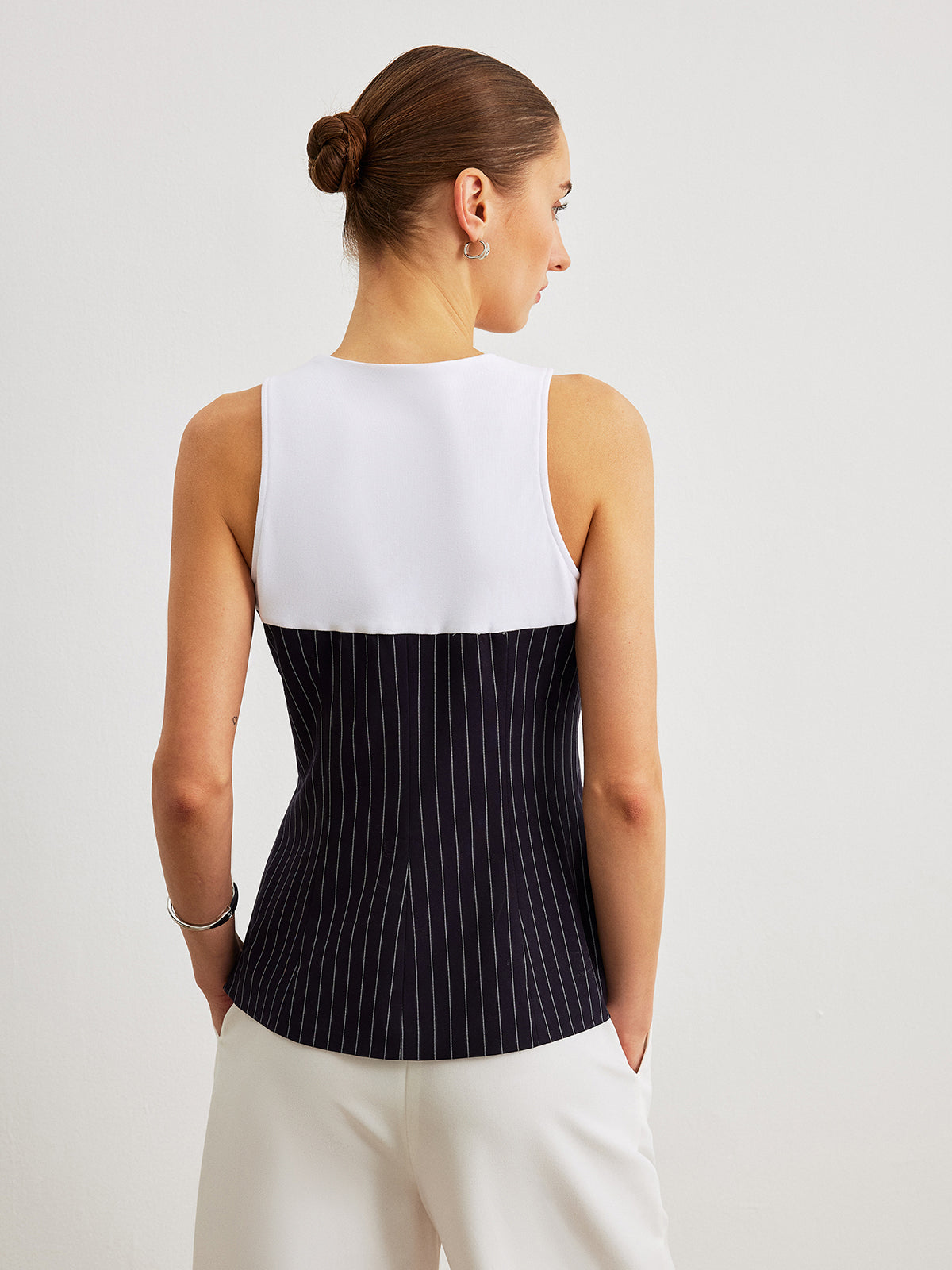 Pinstripe Button Detail Top With Decor Pockets-Chicvia