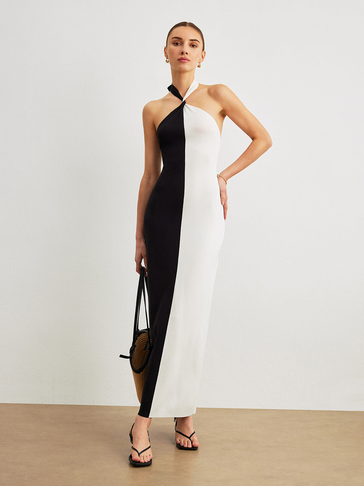 Color Block Halter Knotted Backless Long Dress-Chicvia