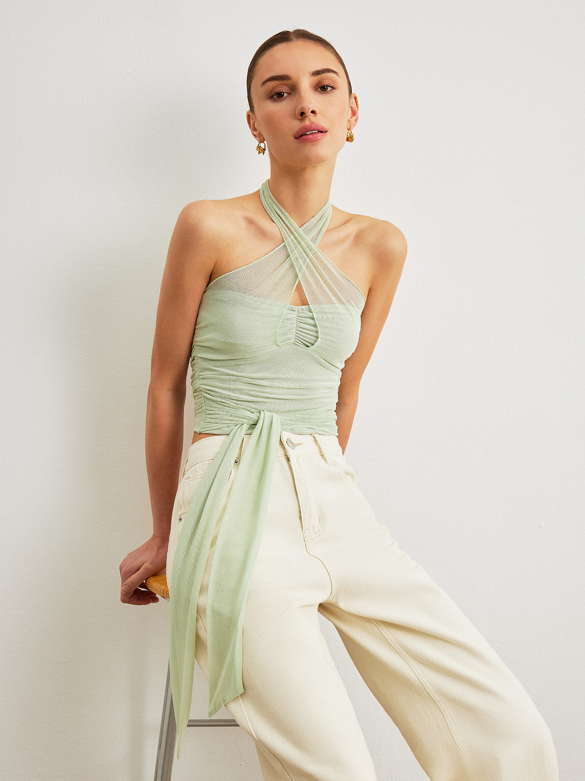 Criss-Cross Halter Linen Crop Top-Chicvia