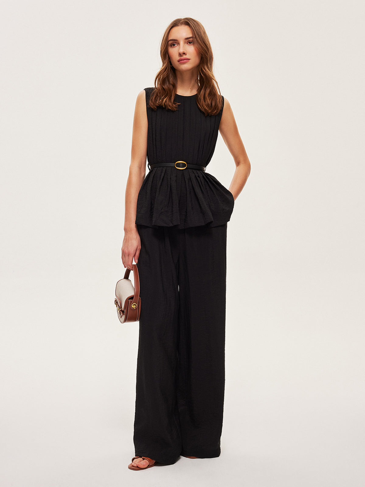 Peplum Top Wide-Leg Pants Set With Belt-Chicvia