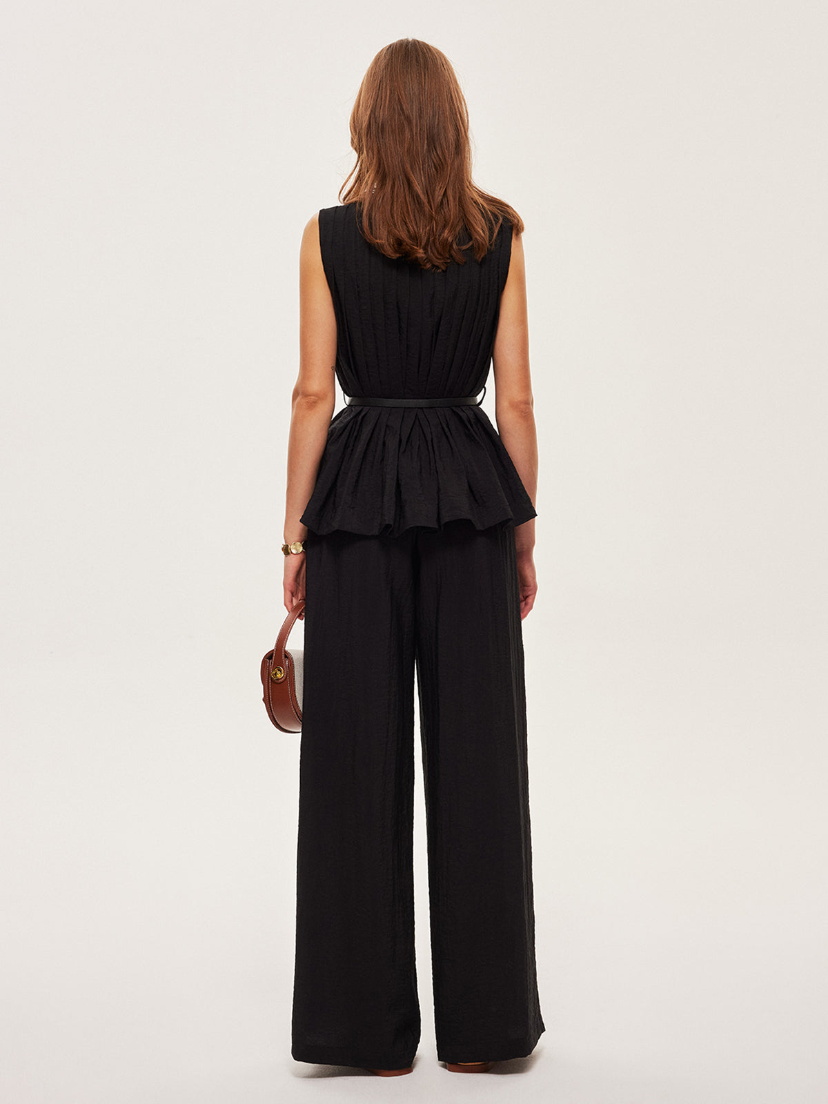 Peplum Top Wide-Leg Pants Set With Belt-Chicvia
