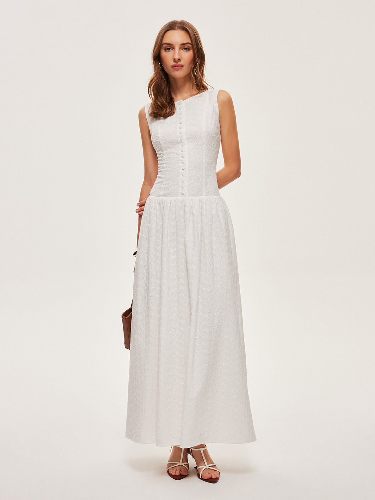 Button-Front Cotton Sleeveless Dress-Chicvia