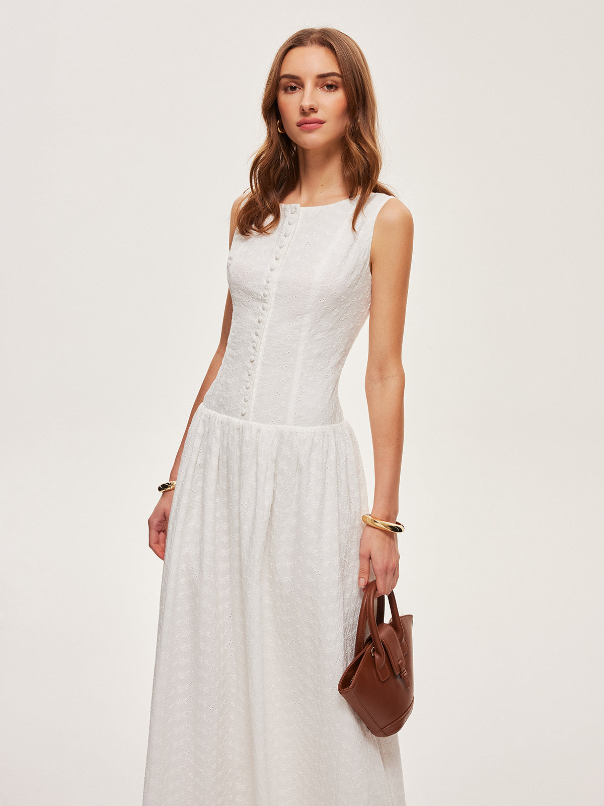Button-Front Cotton Sleeveless Dress-Chicvia