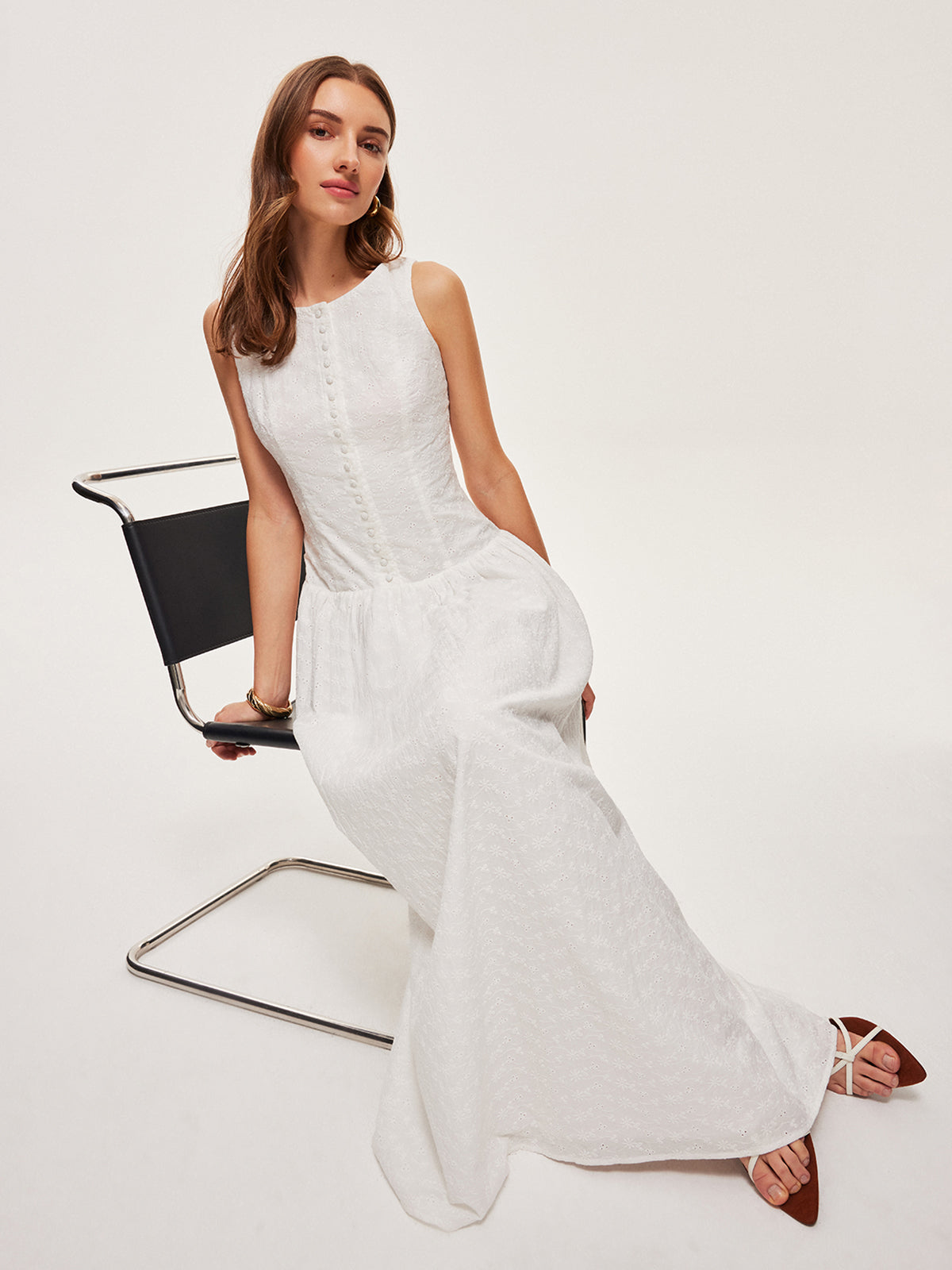 Button-Front Cotton Sleeveless Dress-Chicvia