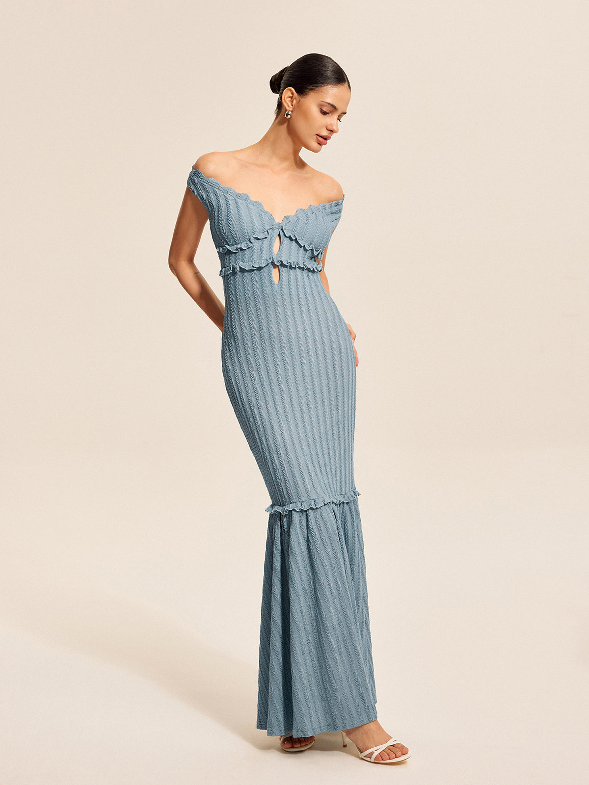 Off-Shoulder Ruffle Detail Dress-Chicvia