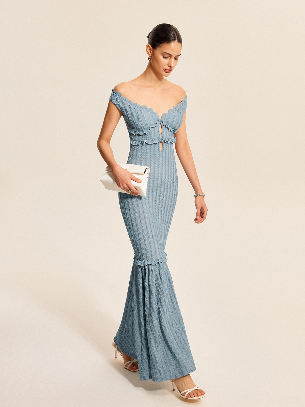 Off-Shoulder Ruffle Detail Dress-Chicvia