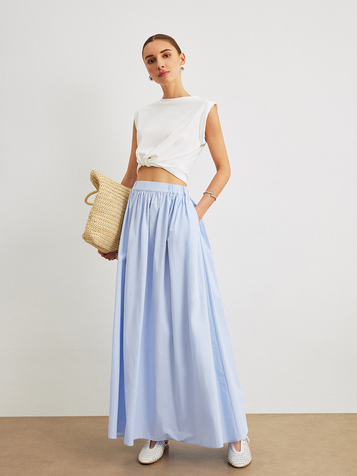 Cotton A-Line Skirt With Pockets-Chicvia