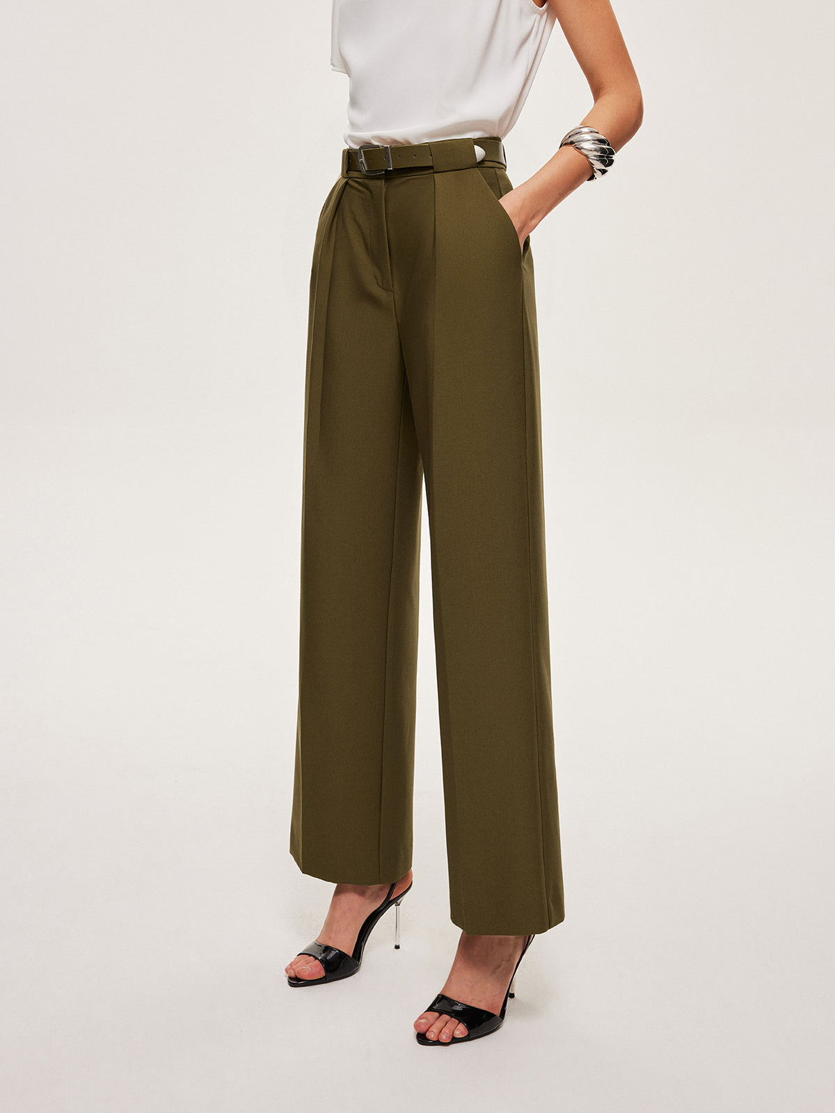Mid-Waist Belted Straight-Leg Pants-Chicvia