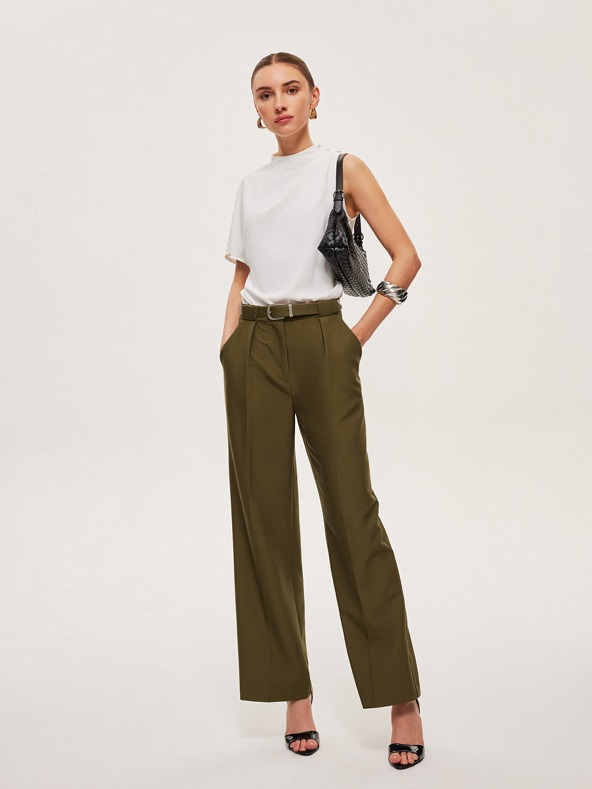 Mid-Waist Belted Straight-Leg Pants-Chicvia