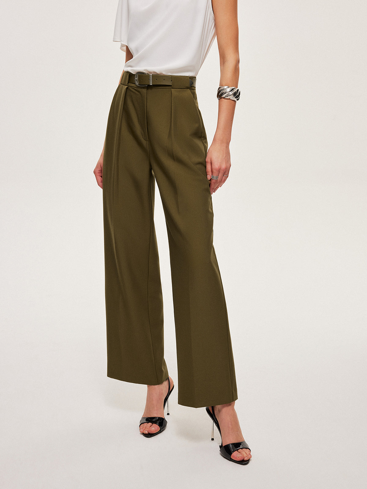 Mid-Waist Belted Straight-Leg Pants-Chicvia