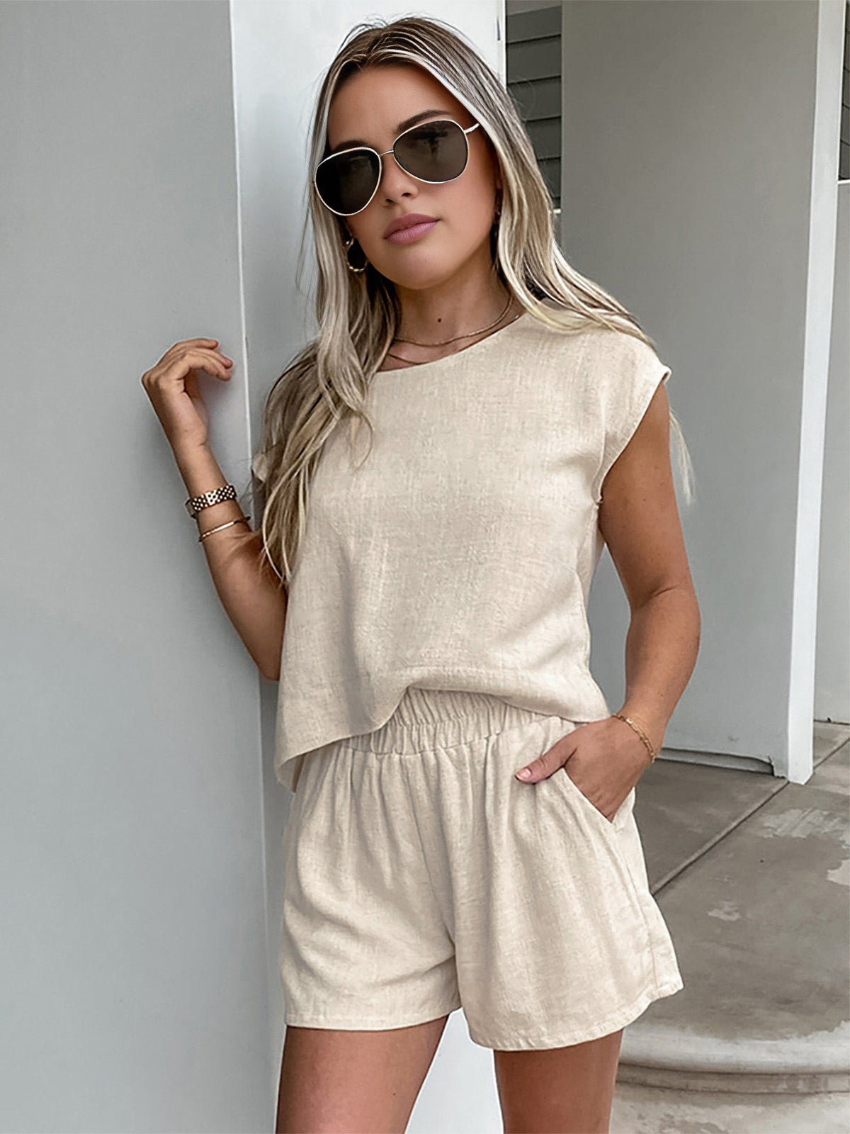 Cotton & Linen Pockets Shorts Set-Chicvia