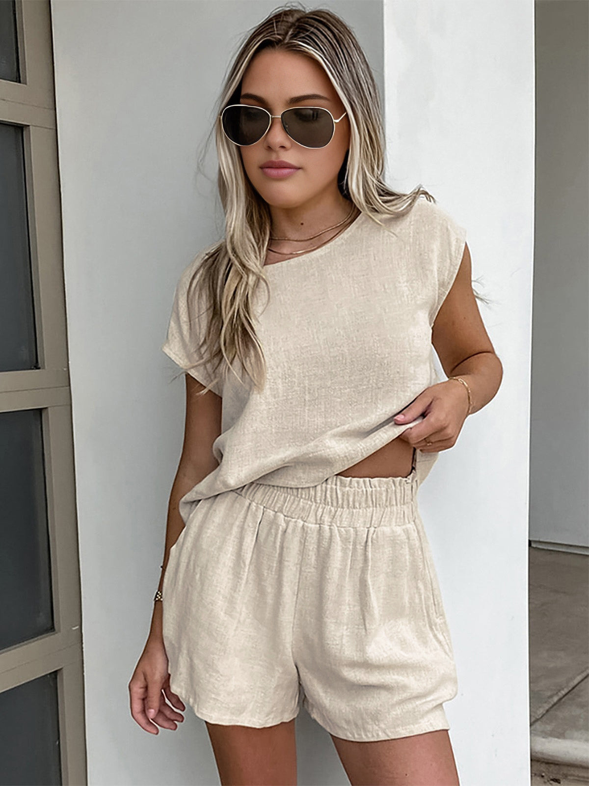 Cotton & Linen Pockets Shorts Set-Chicvia