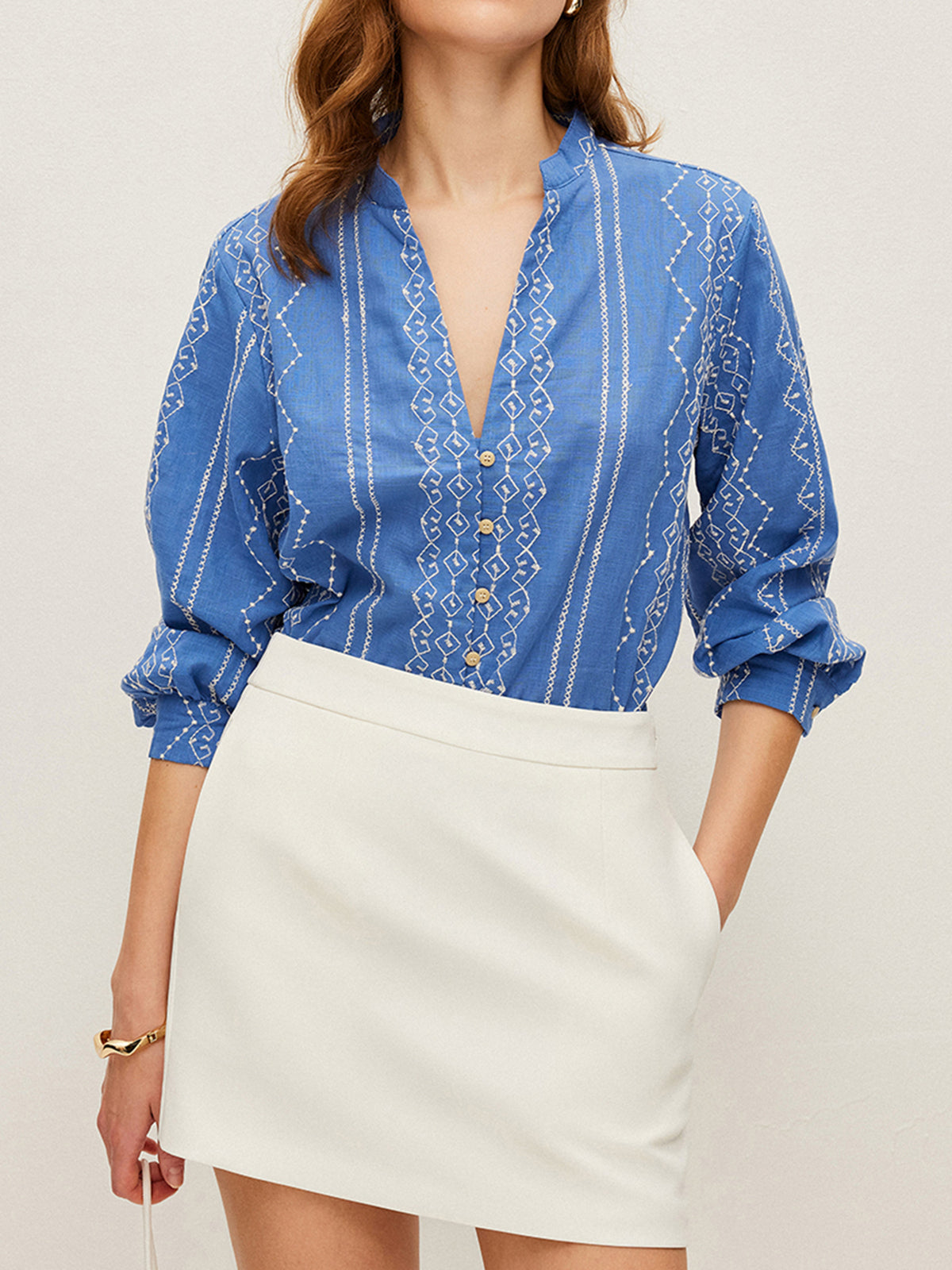 Embroidered Button-Down Shirt-Chicvia