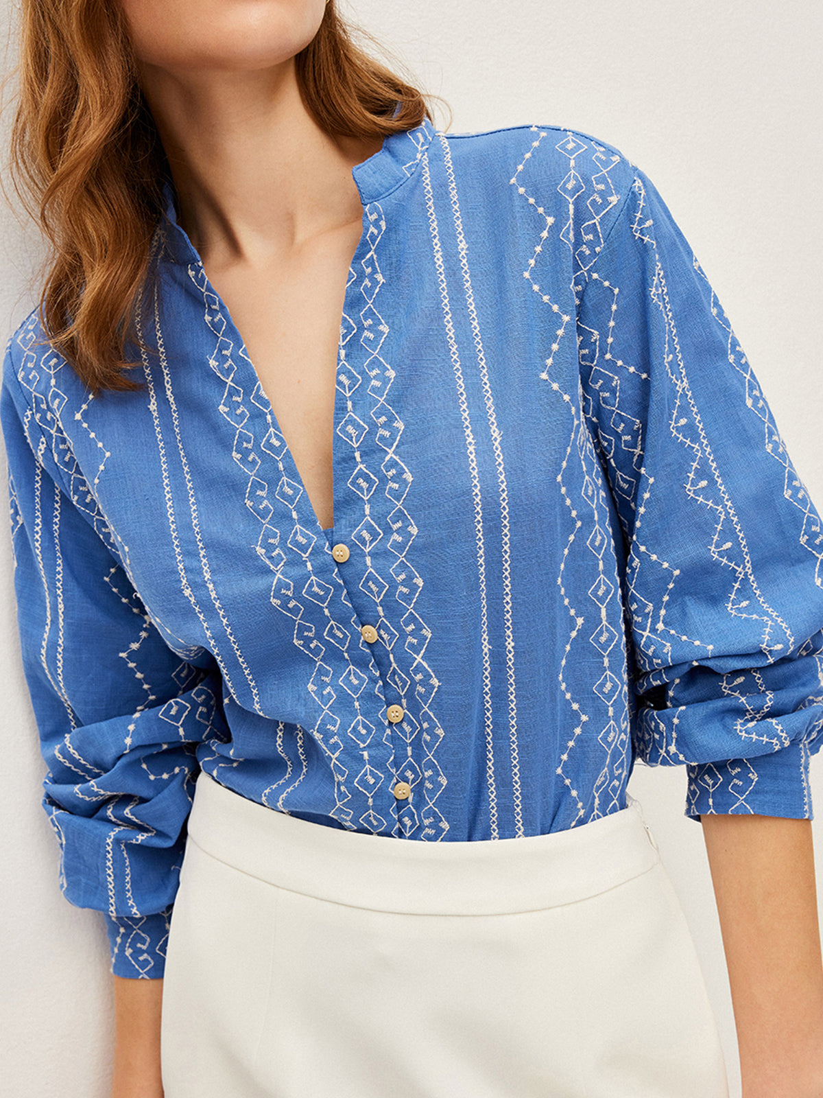 Embroidered Button-Down Shirt-Chicvia