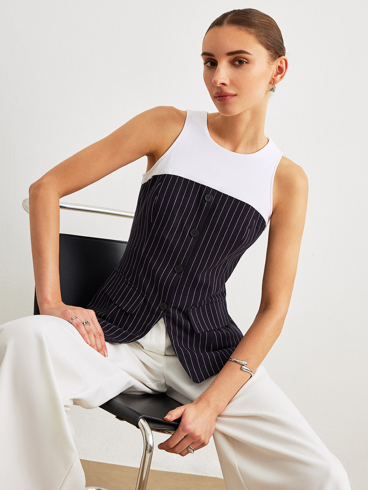 Pinstripe Button Detail Top With Decor Pockets-Chicvia