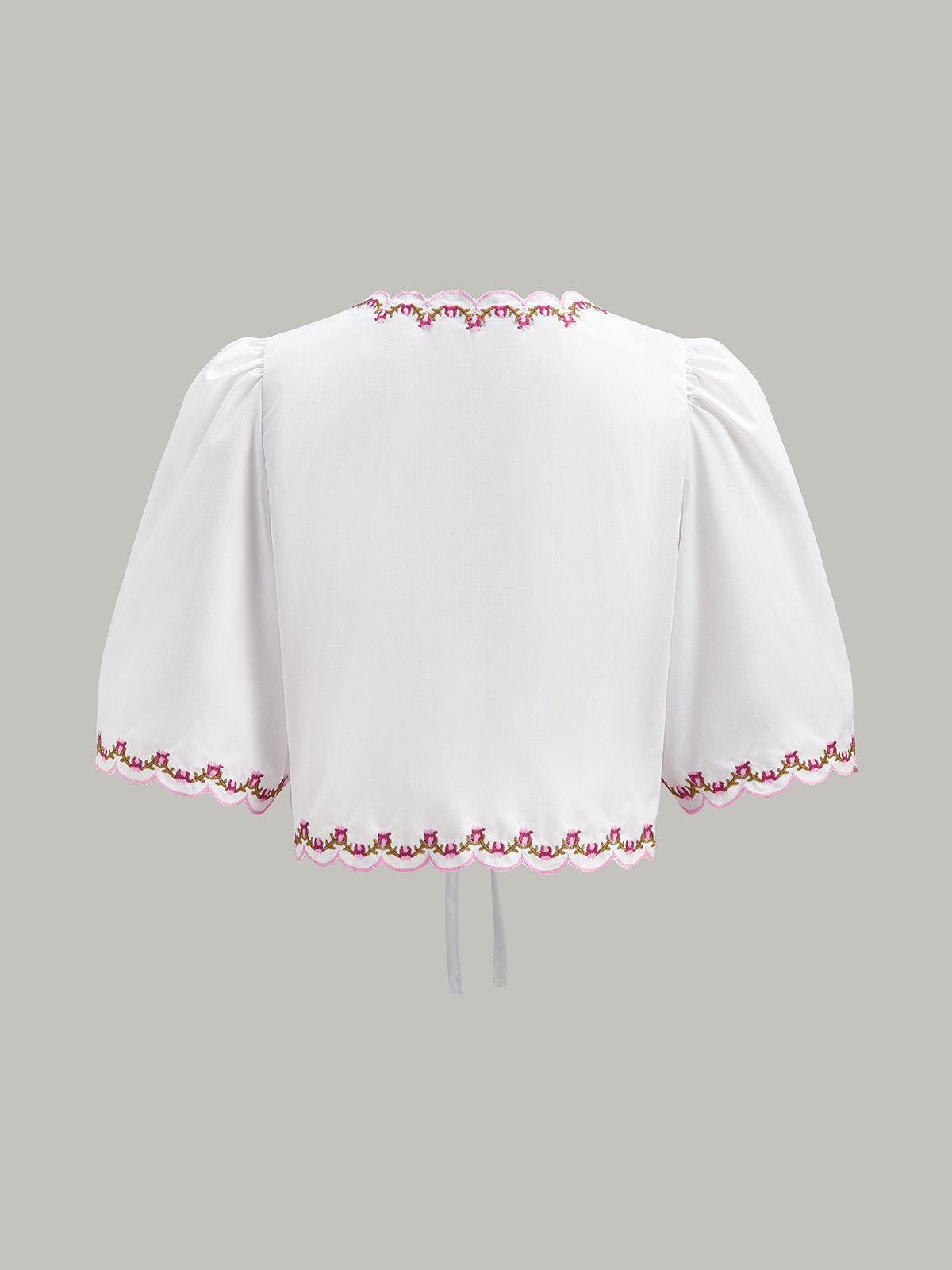 Embroidered Scallop Trim Puff Sleeve Bow Blouse-Chicvia