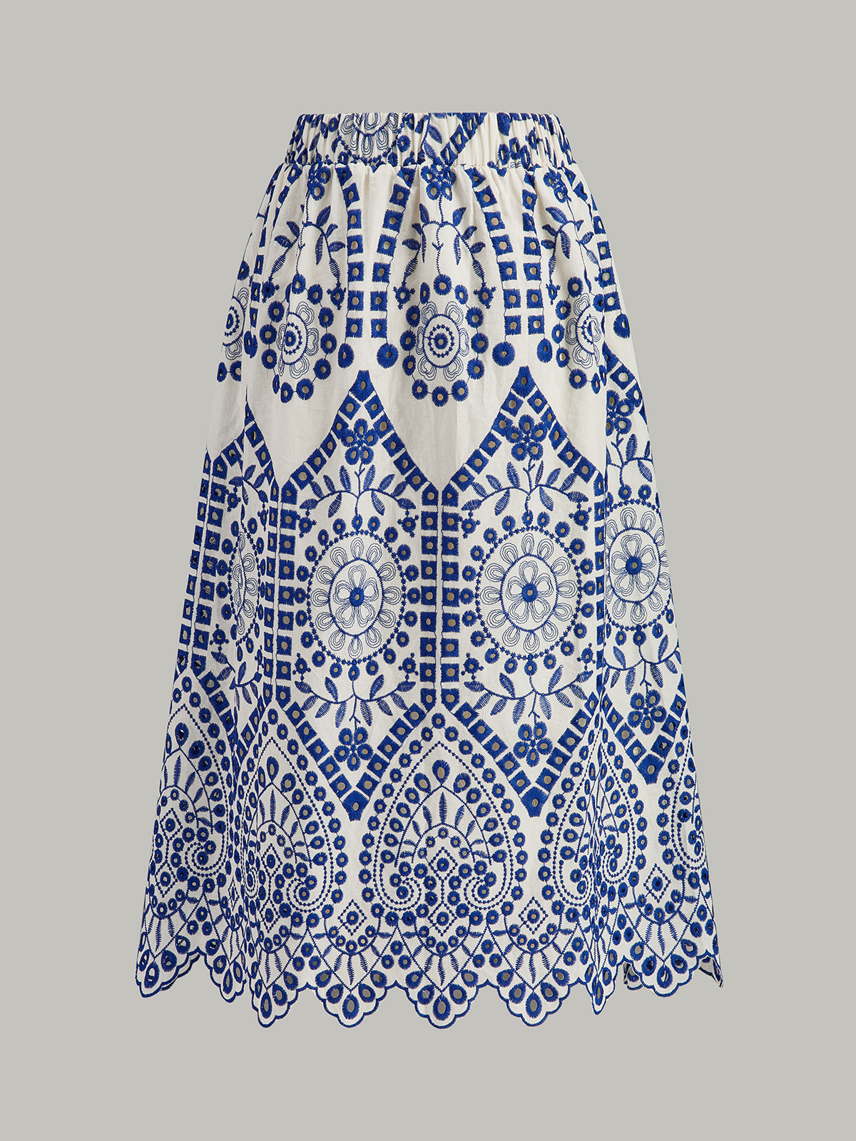 Cotton Embroidery Scalloped Hem Elastic Waistband Skirt-Chicvia