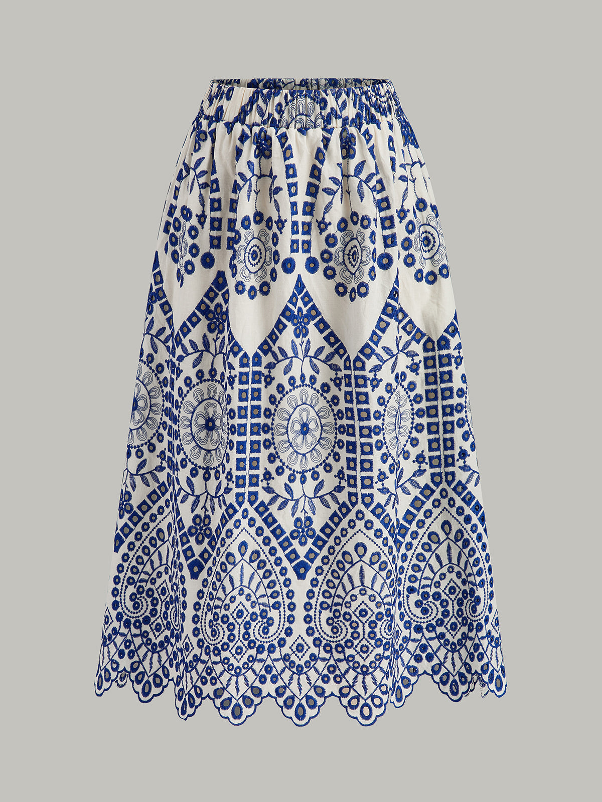 Cotton Embroidery Scalloped Hem Elastic Waistband Skirt-Chicvia