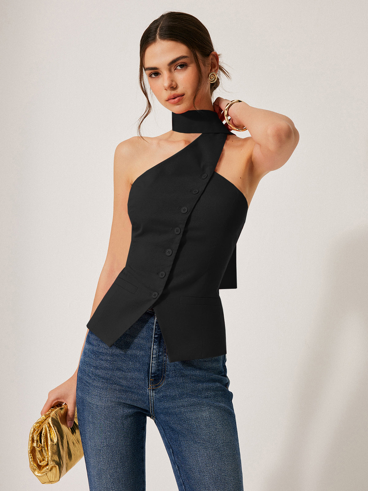 Cotton & Linen Halter Top With Decor Pockets-Chicvia