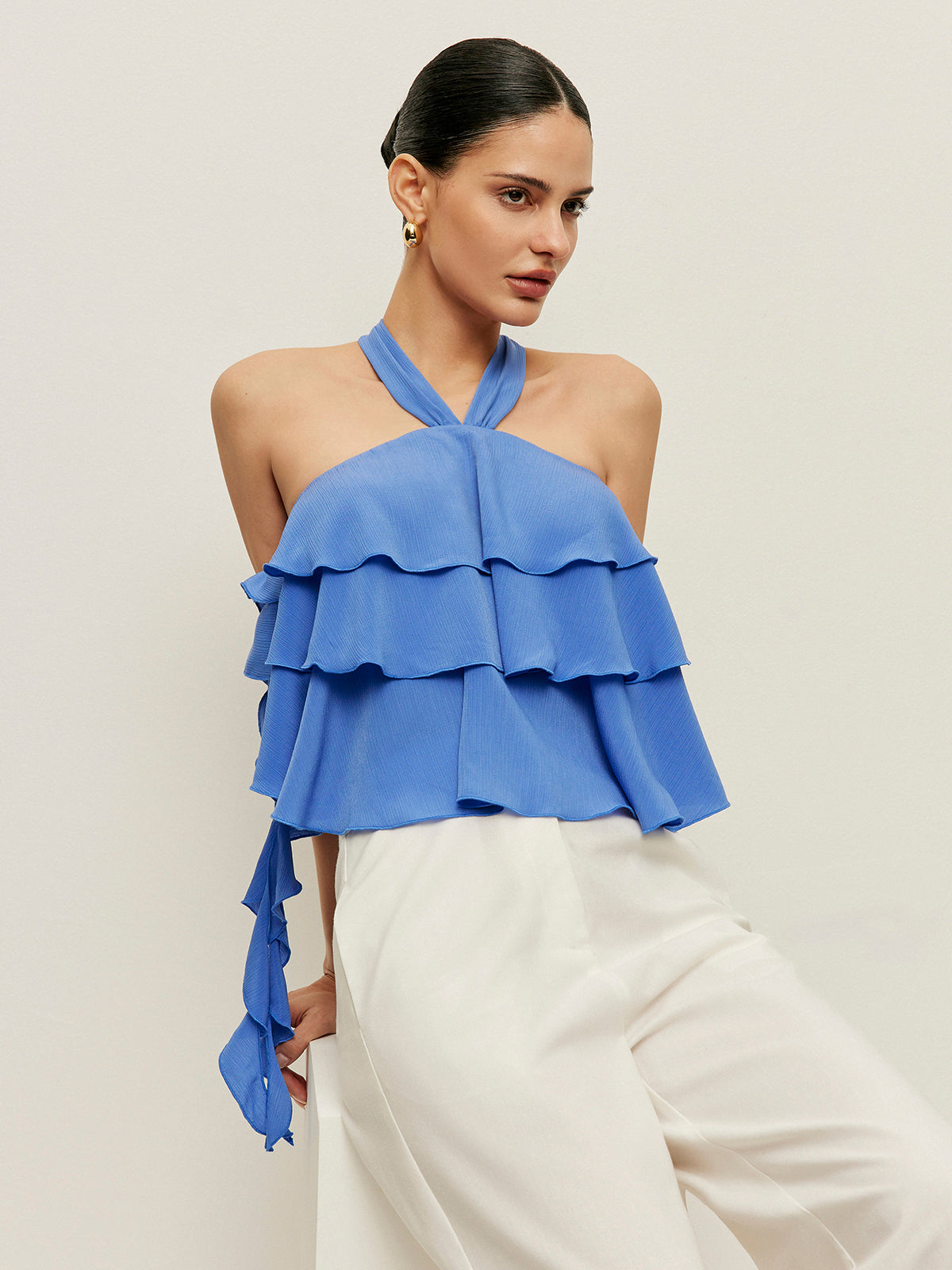 Halter Neck Ruffled Top-Chicvia