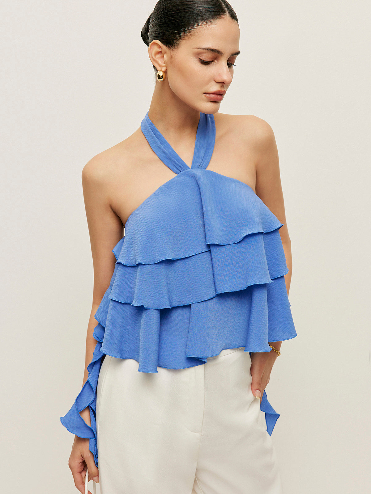 Halter Neck Ruffled Top-Chicvia