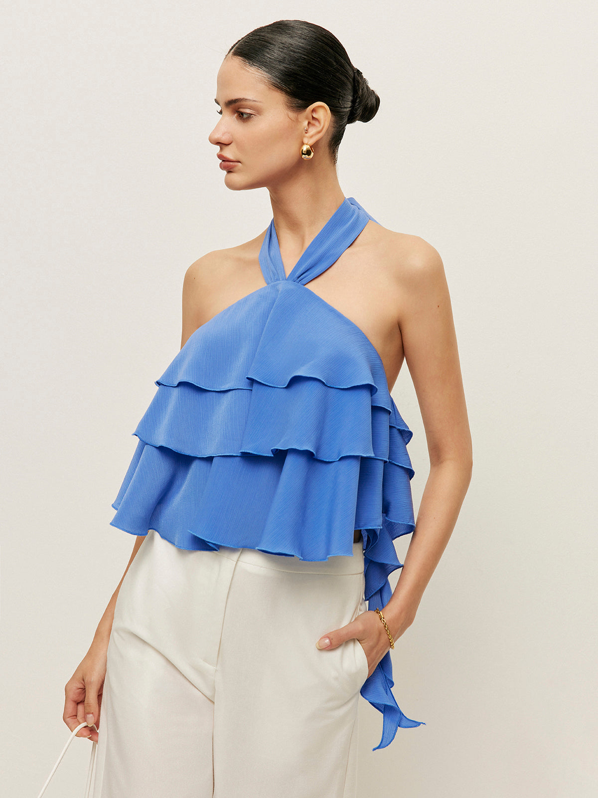 Halter Neck Ruffled Top-Chicvia