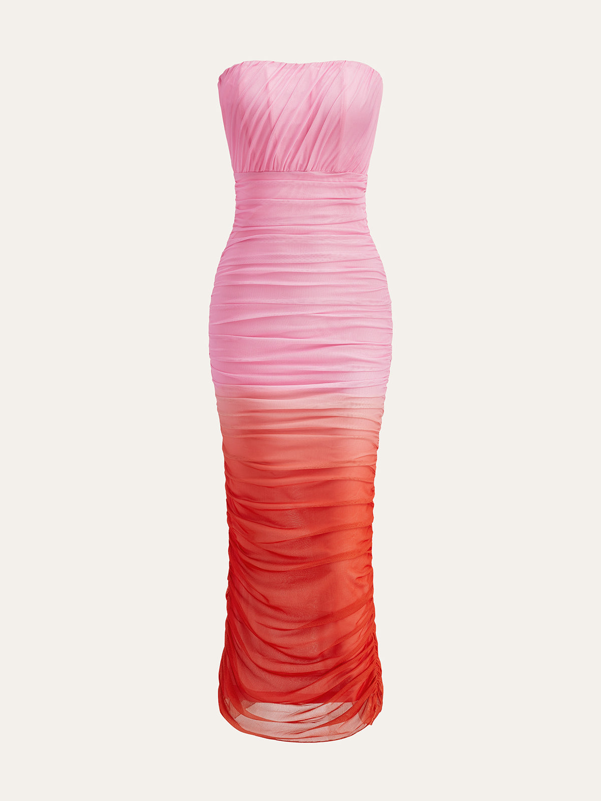 Color Block Gradient Strapless Ruched Mesh Split Dress-Chicvia