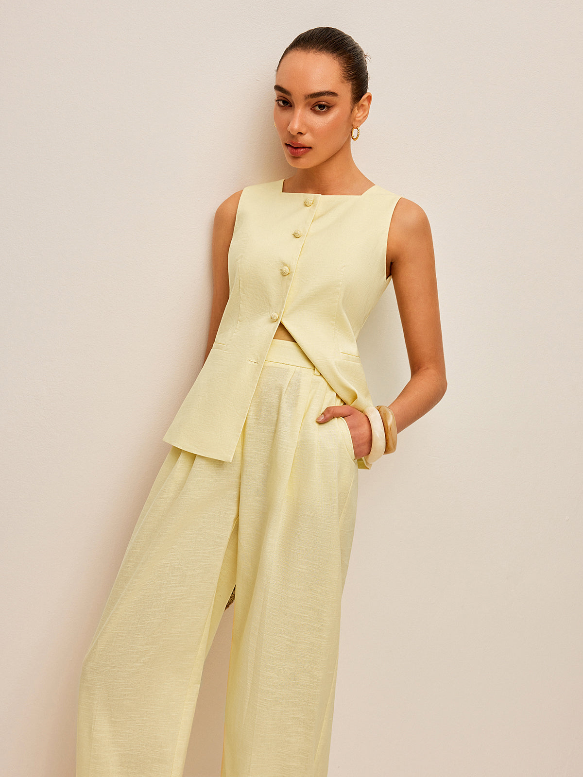 Cotton & Linen Tie-Back Vest With Pockets Pants Set-Chicvia