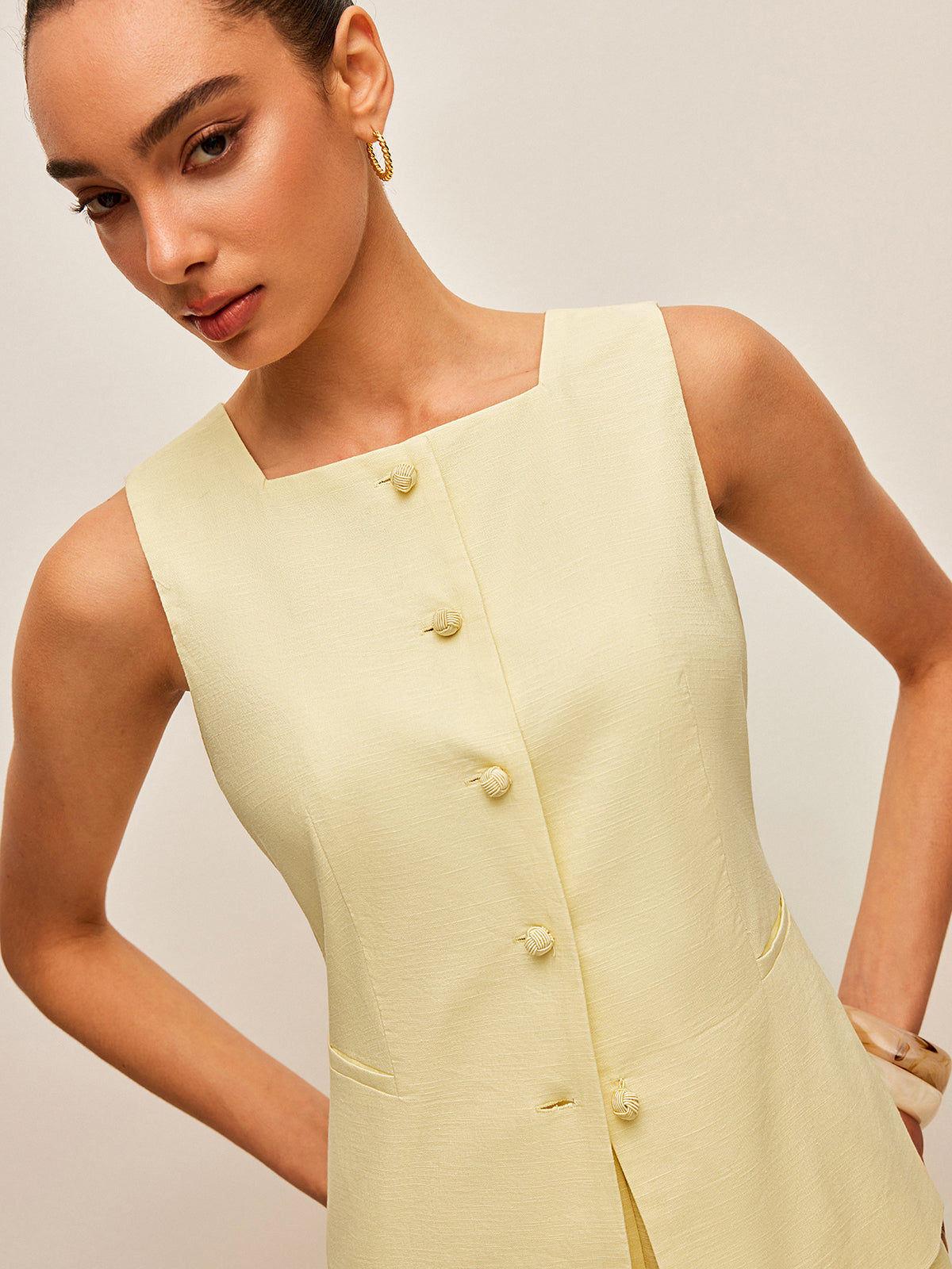 Cotton & Linen Tie-Back Vest With Pockets Pants Set-Chicvia